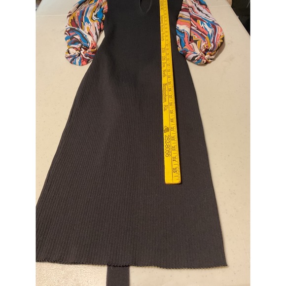 New York & Company Black Ribbed Knit Midi Dress Abstract Puff Sleeve Keyhole M - Picture 5 of 10
